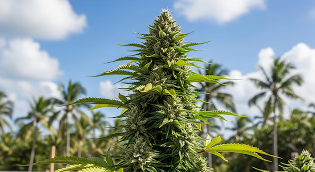 Pineapple Express cannabis plant in full outdoor bloom.