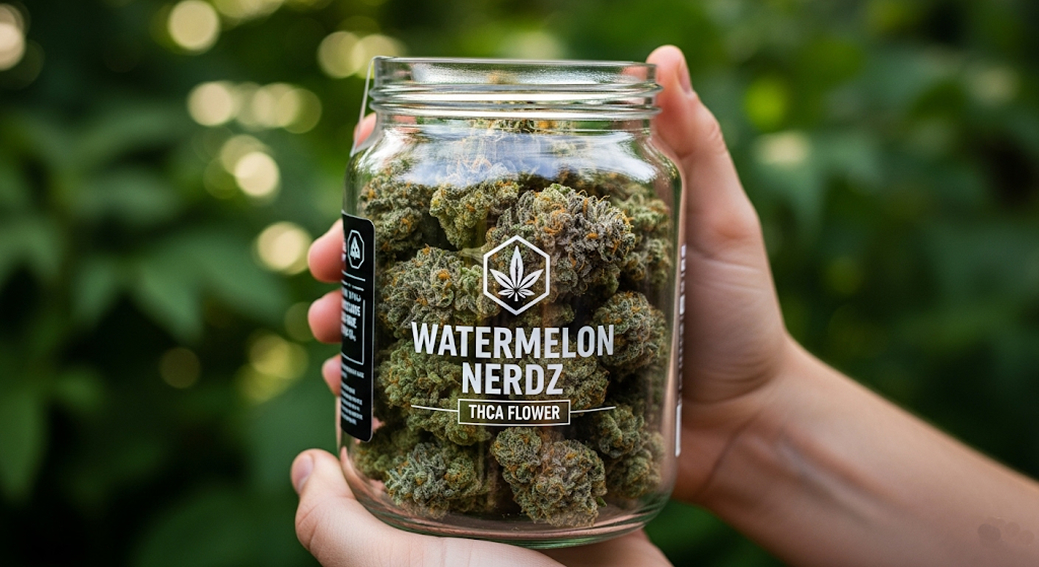 A hand holding a clear glass jar filled with Watermelon Nerdz THCA cannabis buds, set against a blurred natural background.
