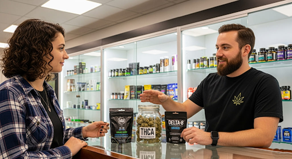 Customer comparing THCA flower and Delta-8 products inside a dispensary.