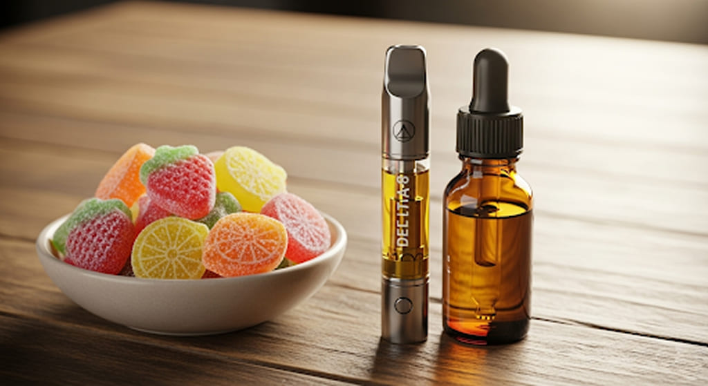 Assorted Delta-8 products including gummies, vape, and tincture.