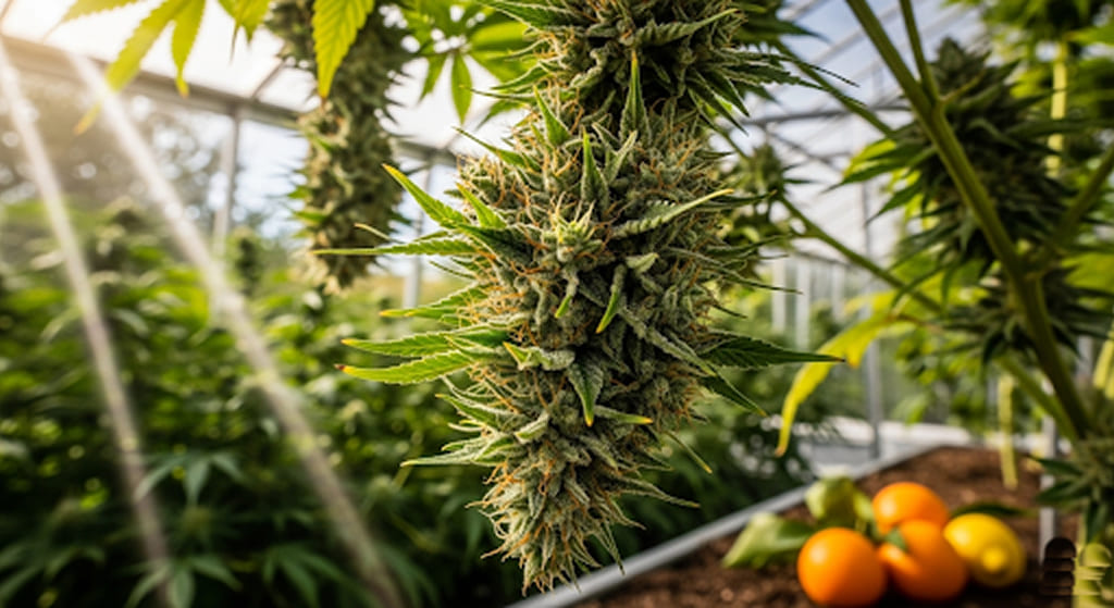 GC THCA cannabis buds hanging on a plant in a sunlit greenhouse with citrus fruits.