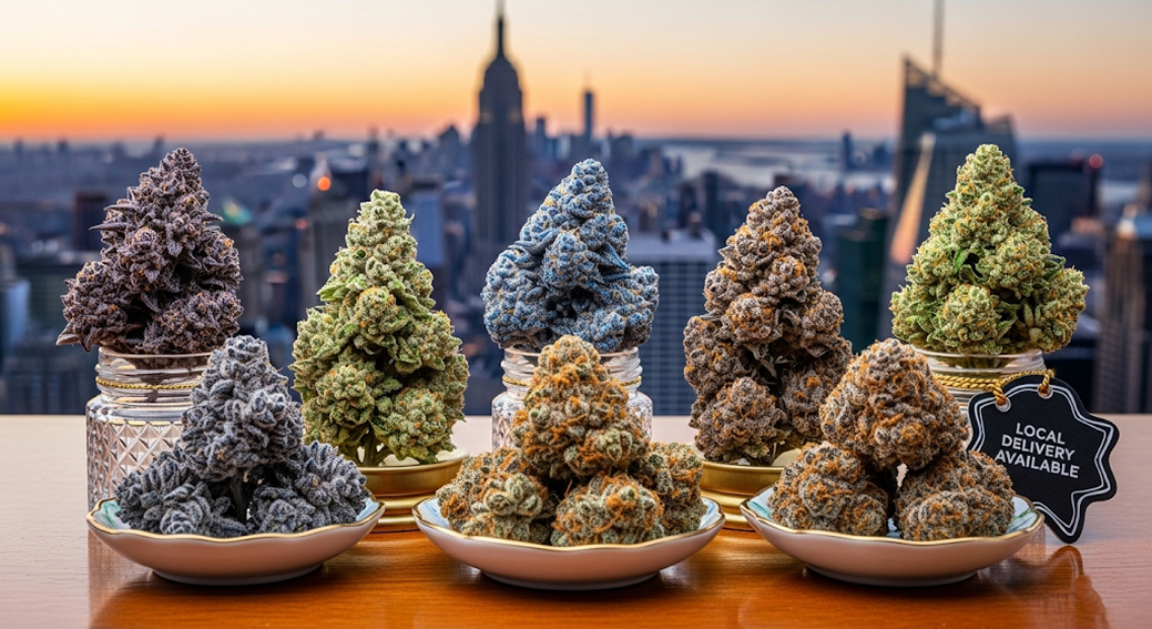 Various strains of high-quality THCA cannabis buds in jars and plates, with the St. Petersburg cityscape at sunset in the background.