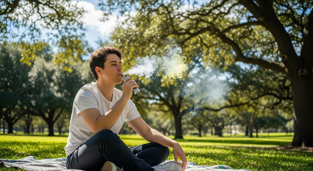 Photorealistic image of a person vaping cannabis outdoors in a sunny park with visible mint-citrus aroma vapor.