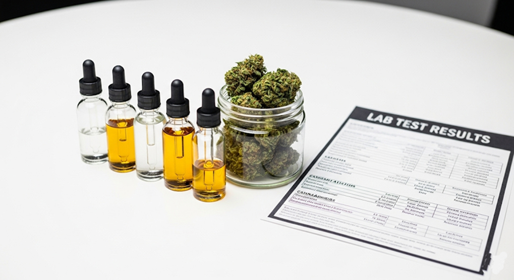 Photorealistic medical cannabis tinctures, fresh buds, and lab test reports on a bright white table.