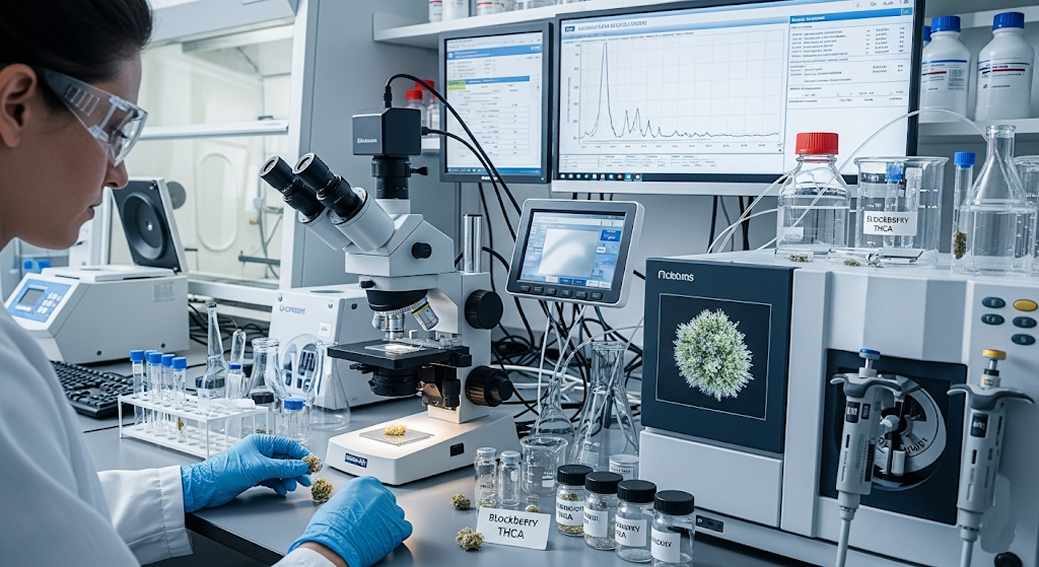 Cannabis lab technician testing Blockberry THCA samples with advanced scientific equipment