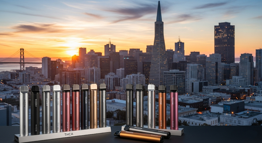 A row of colorful THCA vape pens on a display stand, with the San Francisco cityscape and the Transamerica Pyramid visible in the background at sunset.