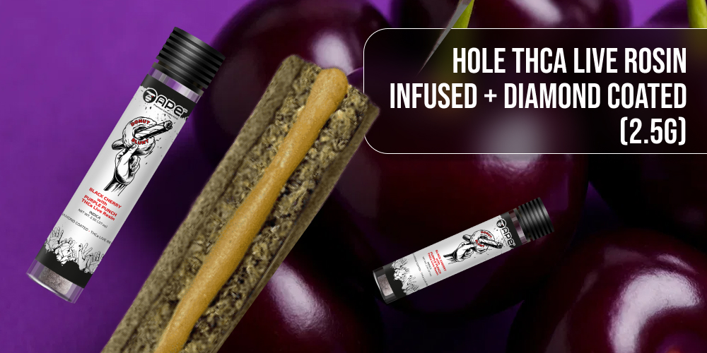 A detailed close-up of a pre-roll cut in half, revealing a golden core. Two product containers are shown on a purple background with multiple cherries. The product's full title is shown in a text box.