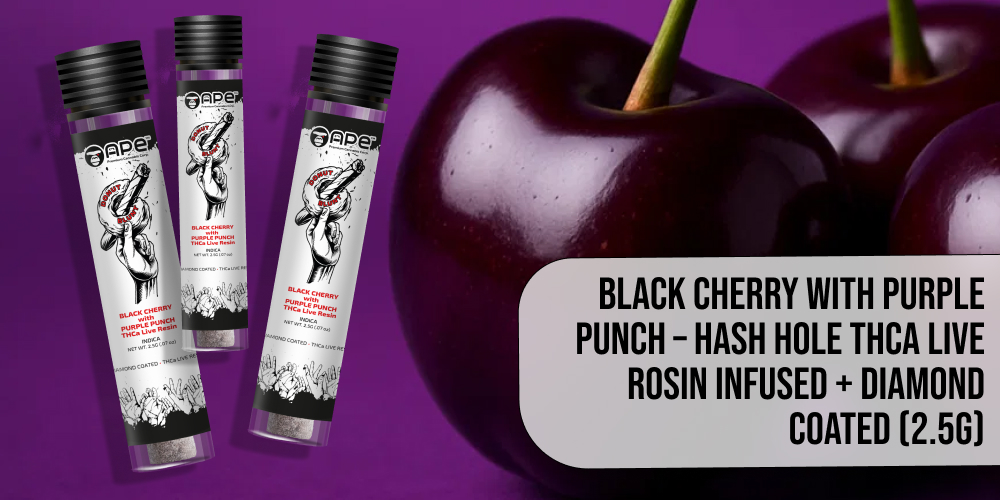 Three identical containers of Black Cherry with Purple Punch THCA Live Rosin product are shown next to a cluster of dark, ripe cherries, all against a solid purple background. The product title and details are in the bottom right.