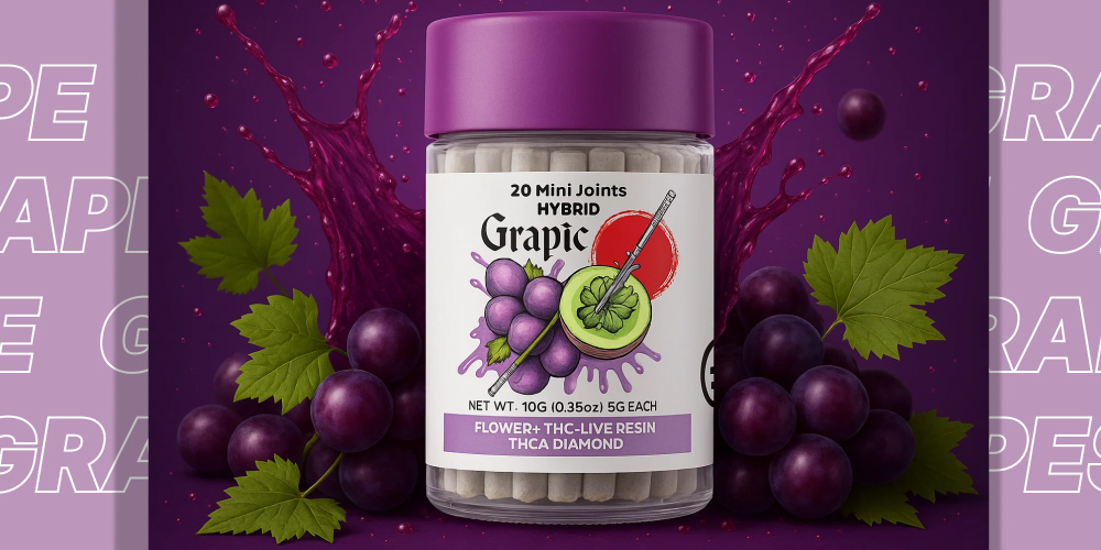 A clear plastic container filled with 20 "Grape" Hybrid mini joints, surrounded by fresh purple grapes and a splash of grape juice. The background is a vibrant purple with repeated "GRAPE" text.