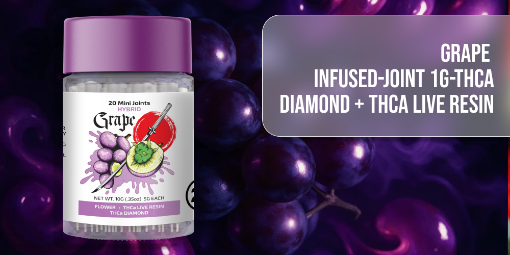 A single container of "Grape" Hybrid mini joints is displayed against a backdrop of dark purple grapes and smoky wisps. Text reads "GRAPE INFUSED-JOINT 1G-THCA DIAMOND + THCA LIVE RESIN."