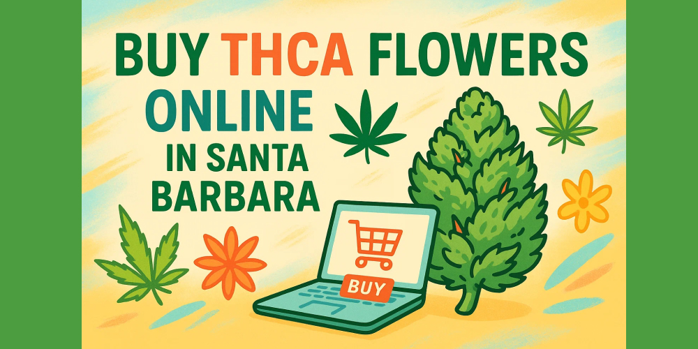 A colorful, illustrated graphic with text promoting "BUY THCA FLOWERS ONLINE IN SANTA BARBARA," featuring icons of cannabis leaves, a cannabis bud, a flower, and a laptop with a shopping cart.