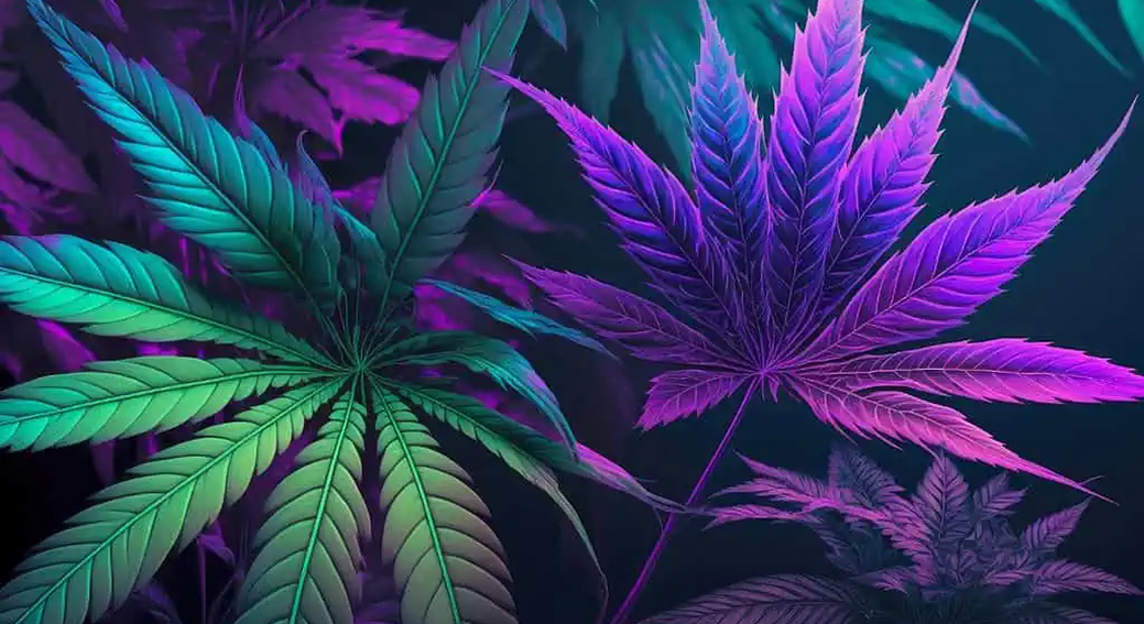 Artistic rendering of cannabis leaves illuminated with vibrant neon green and purple lighting against a dark background.