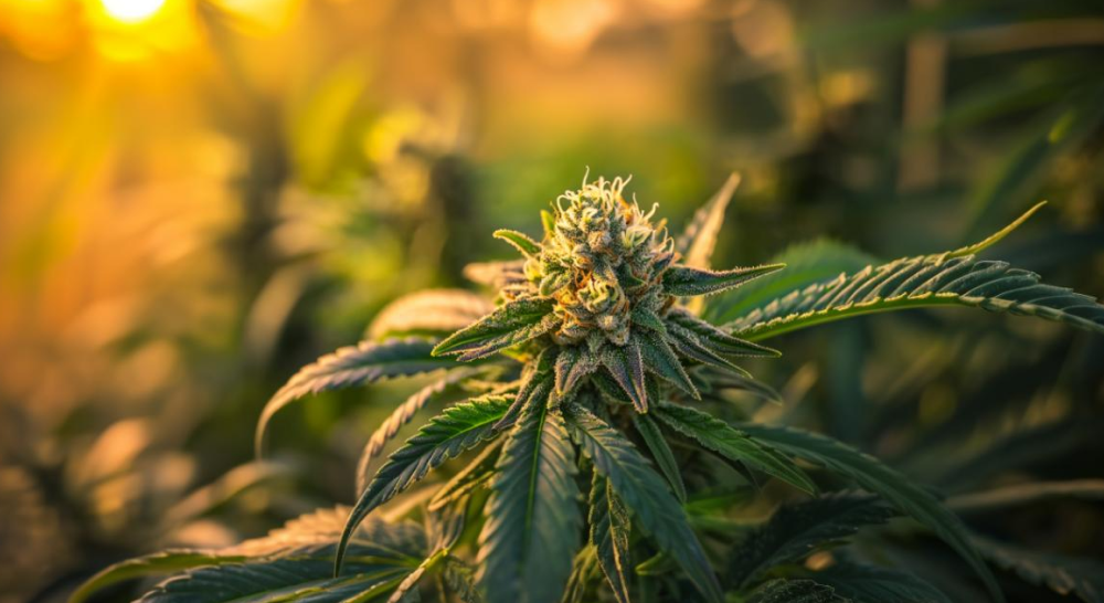 A close-up, low-angle shot of a mature cannabis bud covered in trichomes, glowing in the warm golden light of the setting or rising sun.