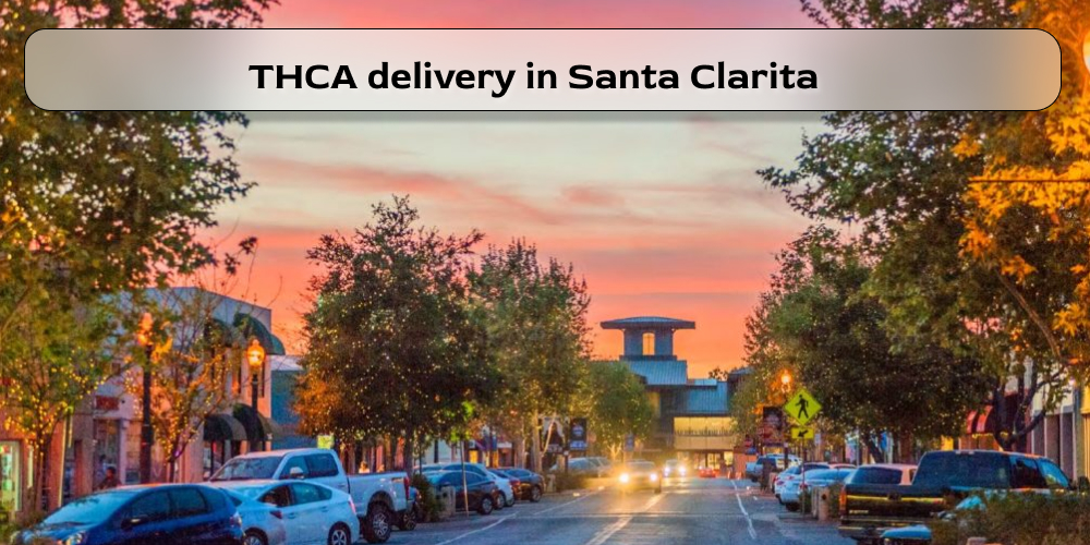 Editorial cityscape of downtown Santa Clarita at golden hour with palm trees and modern streetscape, clear sky, no people or cannabis visible