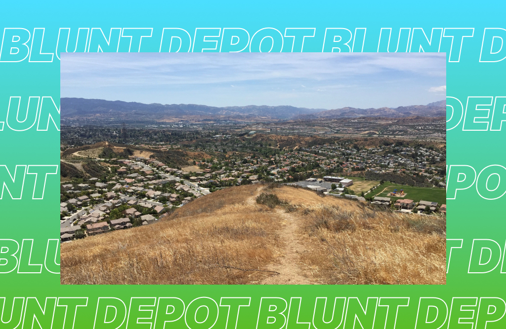 Dry hiking trail leading to a view of homes and hills in Santa Clarita