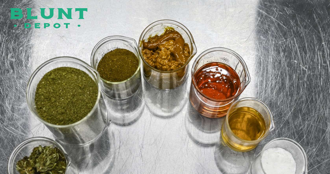 Several glass beakers and containers holding different cannabis concentrates, powders, oils, and flower on a metal surface.