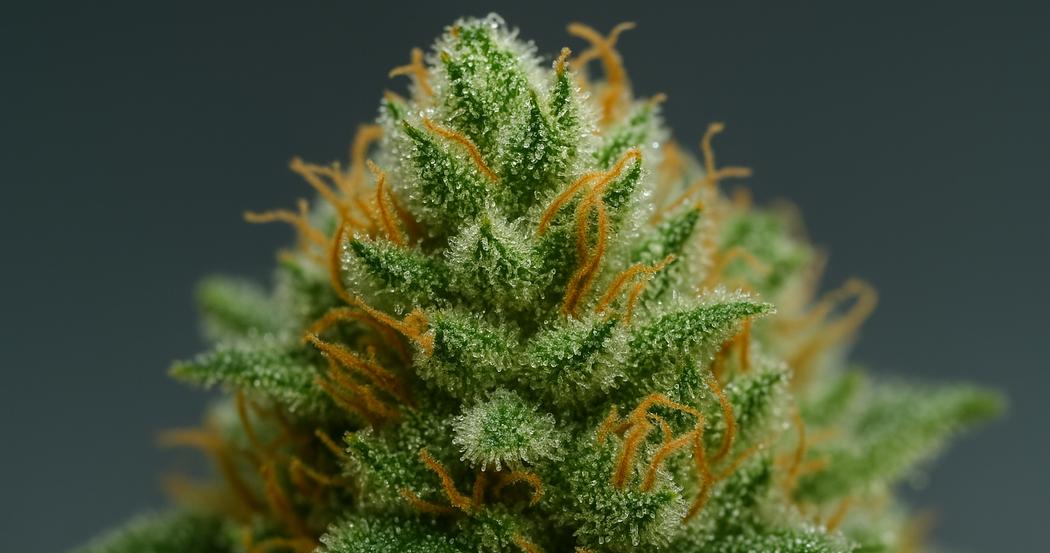 AI Generated Image: Close-up macro shot of fresh cannabis flower bud with glistening trichomes and orange pistils under soft diffused lighting