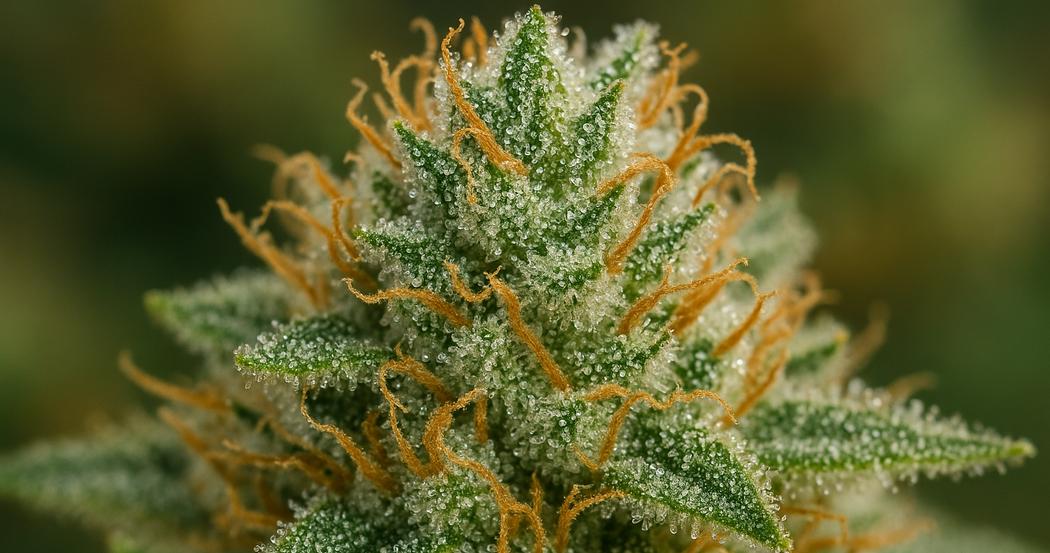 AI Generated Image: Close-up macro shot of cannabis bud covered with crystalline trichomes on matte charcoal background