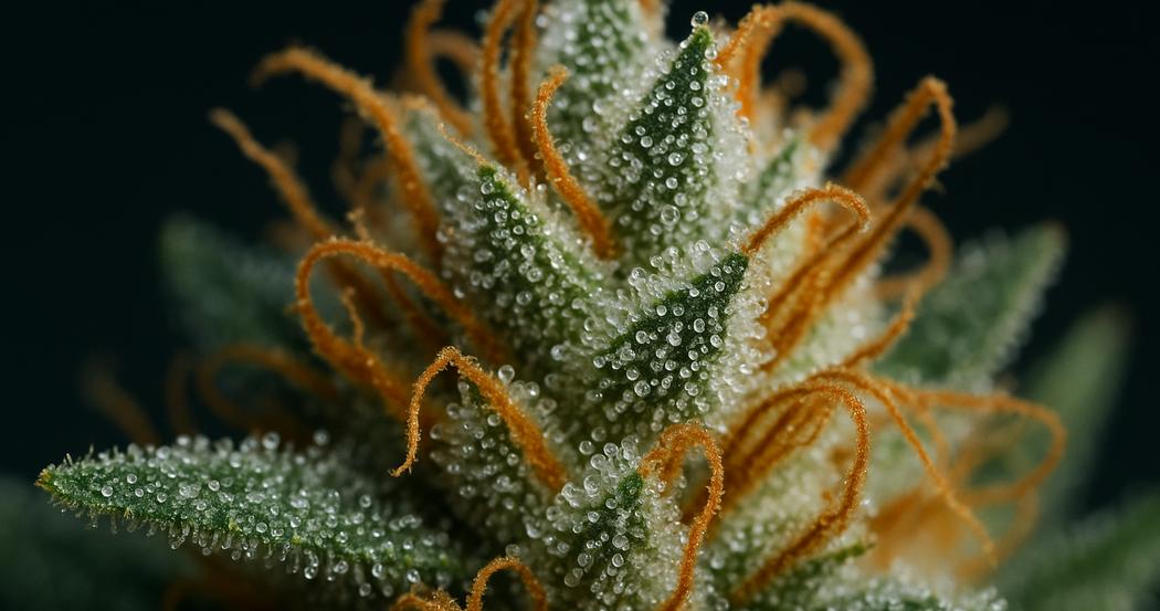 AI Generated Image: Tack-sharp macro image of a cannabis bud showing detailed crystalline trichomes and textured surface against a matte charcoal background