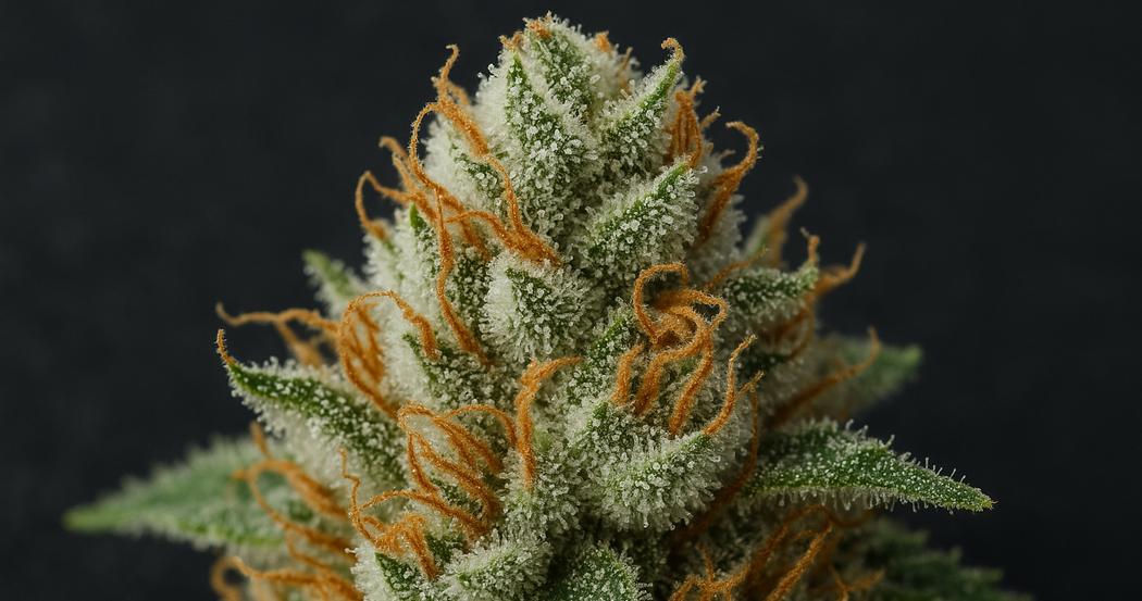 AI Generated Image: Close-up macro of cannabis bud coated in milky and amber crystalline trichomes on matte charcoal background