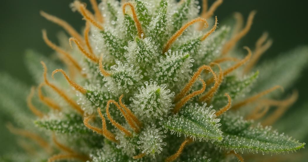 AI Generated Image: Macro three-quarter view of a dense cannabis bud covered in milky crystalline trichomes on a matte charcoal background with soft diffused studio lighting