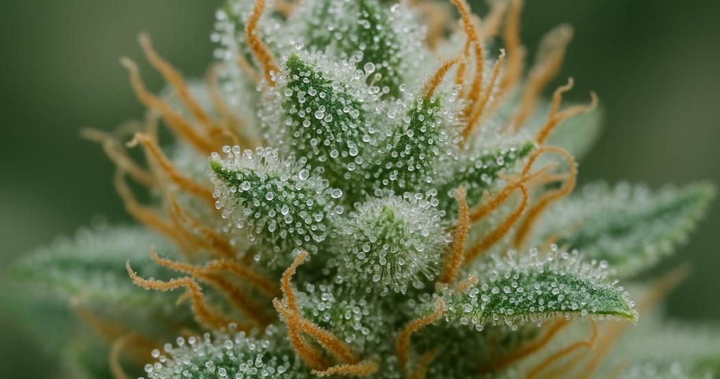 AI Generated Image: Close-up macro image of cannabis bud covered in milky crystalline trichomes against neutral gray background