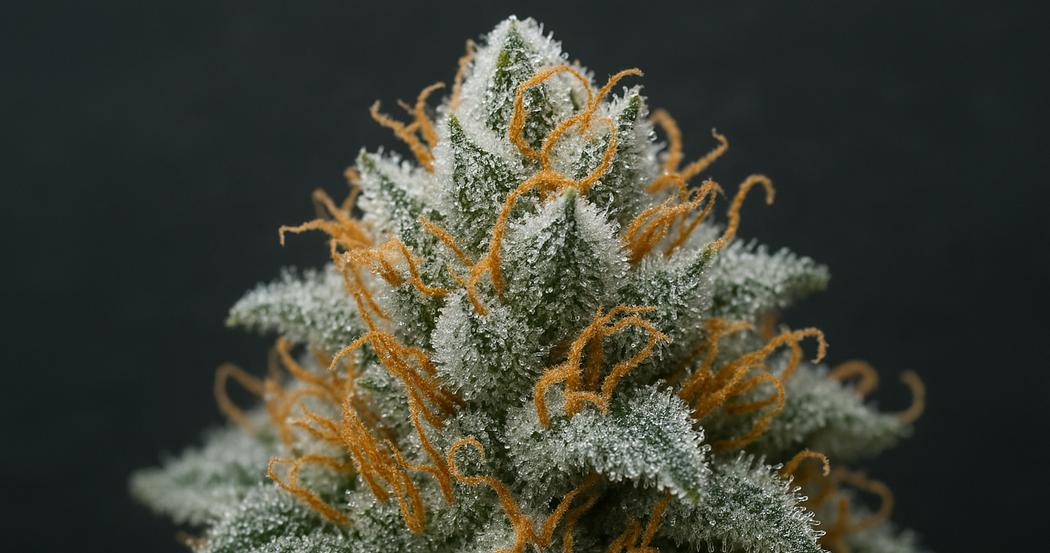 AI Generated Image: Extreme close-up macro image of a cannabis bud showing milky frosted crystalline trichomes on a matte charcoal background.