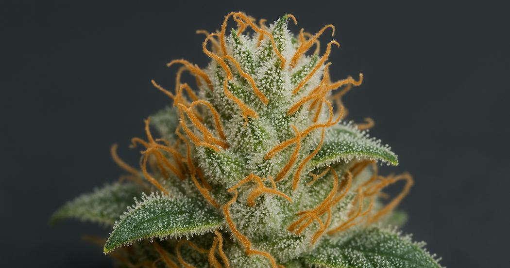 AI Generated Image: Close-up macro image of cannabis bud densely coated with milky frost trichomes on a matte charcoal background
