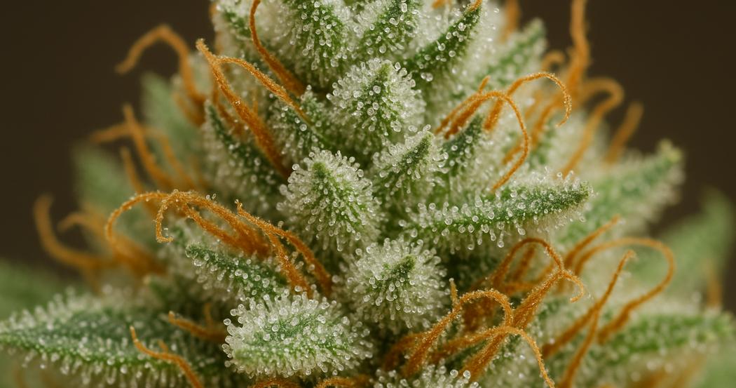 AI Generated Image: Macro studio photograph of cannabis bud with milky crystalline trichomes and sparkling resin on charcoal matte background, three-quarter view.