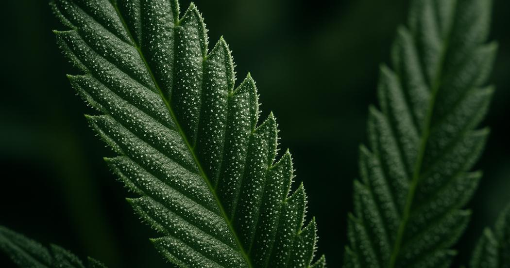 AI Generated Image: Macro close-up of cannabis leaf showing detailed trichomes and veins with soft diffused studio lighting