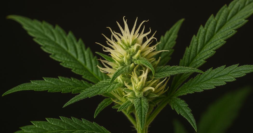 AI Generated Image: Macro studio photograph of a cannabis flower on the plant vine with vivid details and soft lighting on a neutral light-gray background.