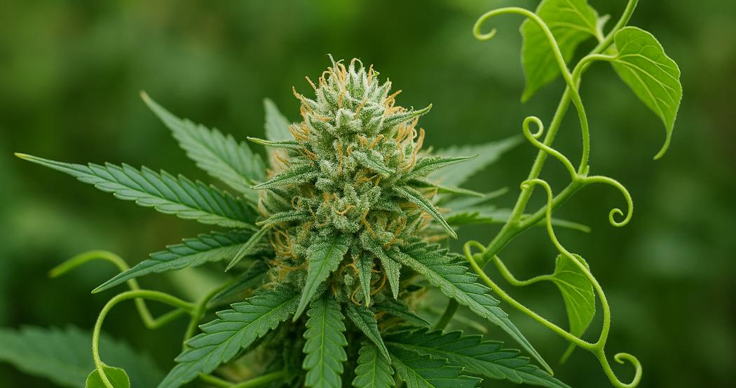 AI Generated Image: Macro studio image of cannabis flower on plant vine with visible trichomes and pistils on light-gray background