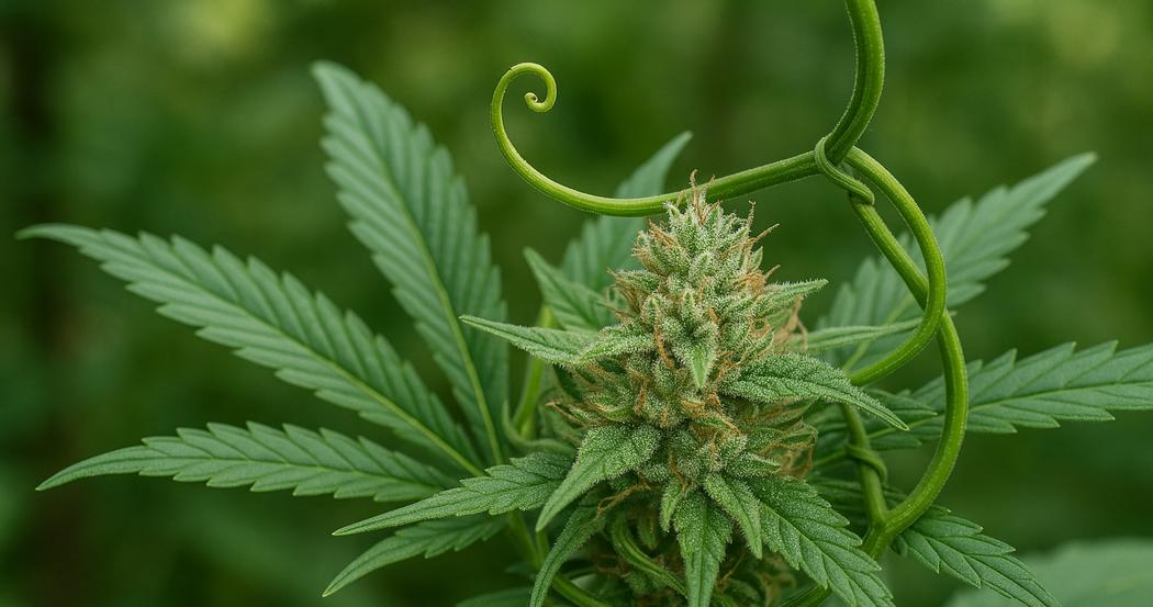 AI Generated Image: Close-up macro image of a cannabis flower on its natural plant vine showing pistils and trichomes against a neutral light-gray background