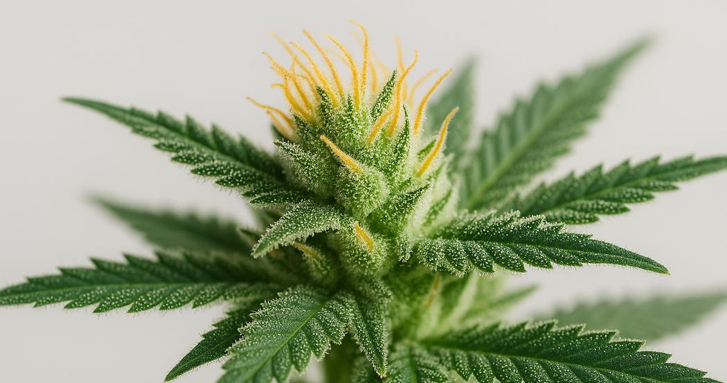 AI Generated Image: Side angle macro of cannabis flower and serrated leaves with visible trichomes on neutral light-gray background