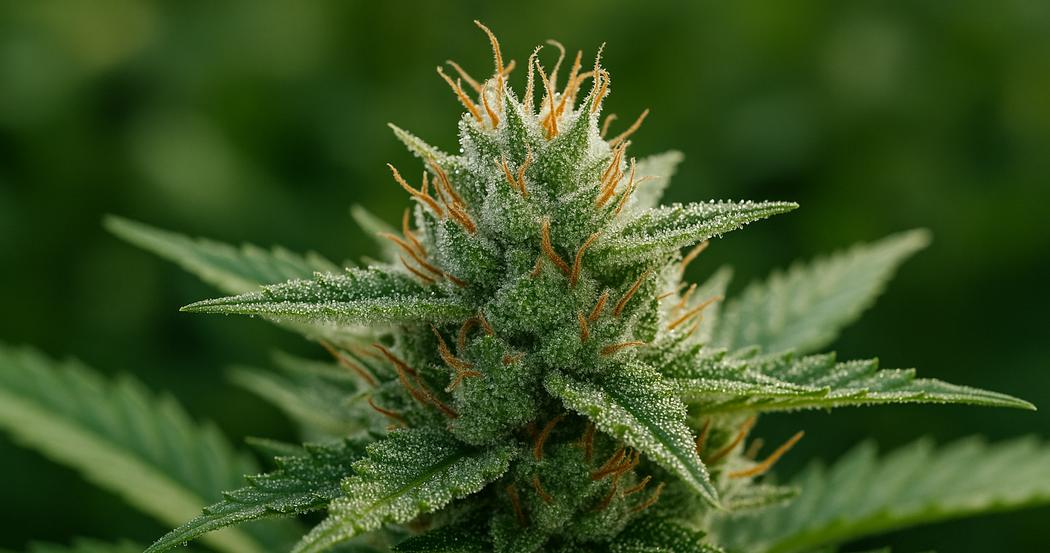 AI Generated Image: Side angle macro shot of cannabis flower on plant with sparkling resin and deep charcoal background