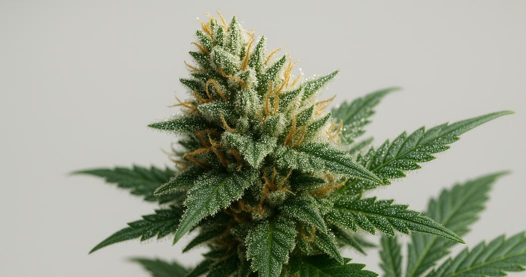 AI Generated Image: Macro side profile of a cannabis flower on the plant showing sparkling resin trichomes against a neutral light-gray background.