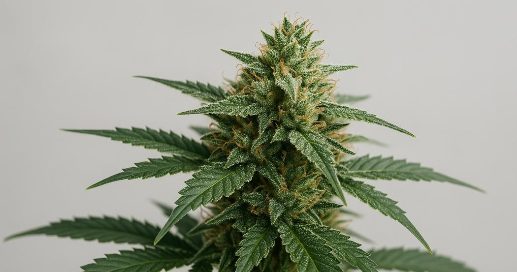 AI Generated Image: Side 30 degree macro shot of a flowering cannabis plant with sparkling resin trichomes on a light-gray matte background