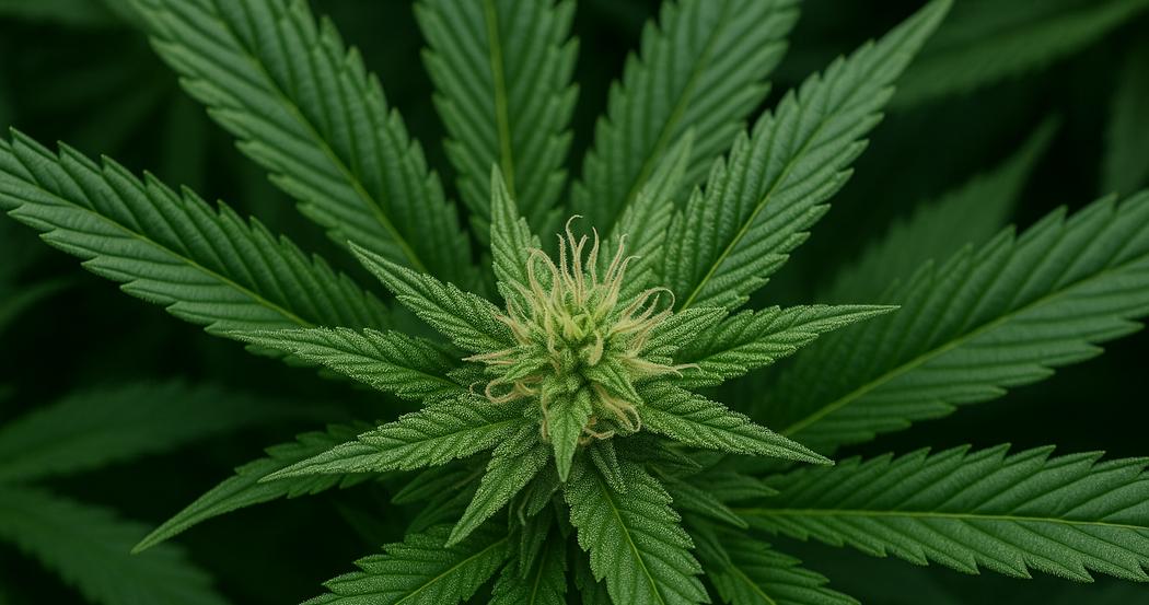 AI Generated Image: Studio macro side-profile image of cannabis flower on plant vine highlighting leaf serrations and trichomes against light gray background with warm tones.