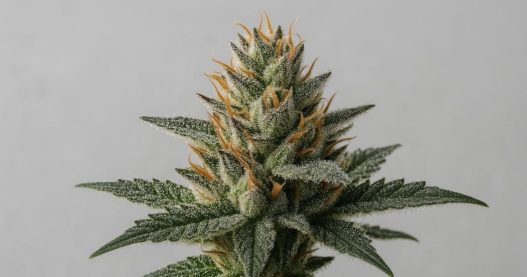 AI Generated Image: Macro side profile of cannabis flower on plant showcasing sparkling resin trichomes against light-gray backdrop