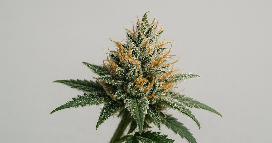 AI Generated Image: Side profile macro shot at 30 degrees of a cannabis flower on the plant with sparkling resin trichomes against a light gray background.