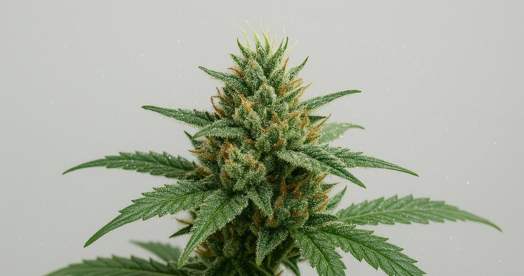 AI Generated Image: Macro side profile of cannabis flower on plant with sparkling resin trichomes against light-gray background