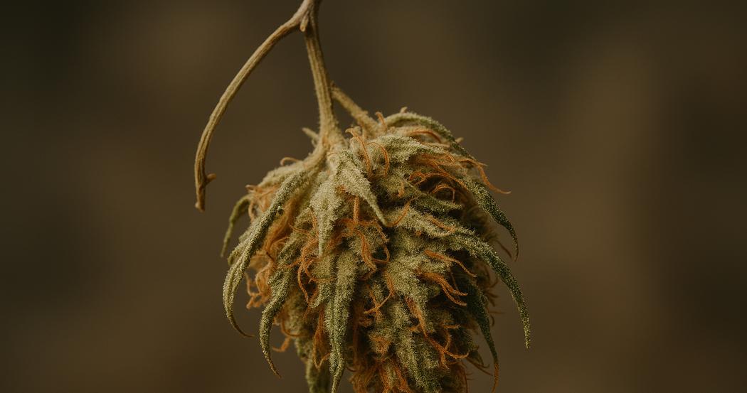 AI Generated Image: Macro image of drying cannabis flower hanging on vine with detailed trichomes and amber pistils under soft lighting