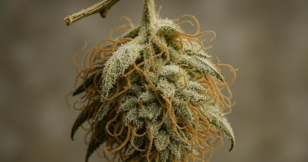 AI Generated Image: Macro studio photo of a drying cannabis flower with visible crystalline trichomes and curling pistils on a dark charcoal background.