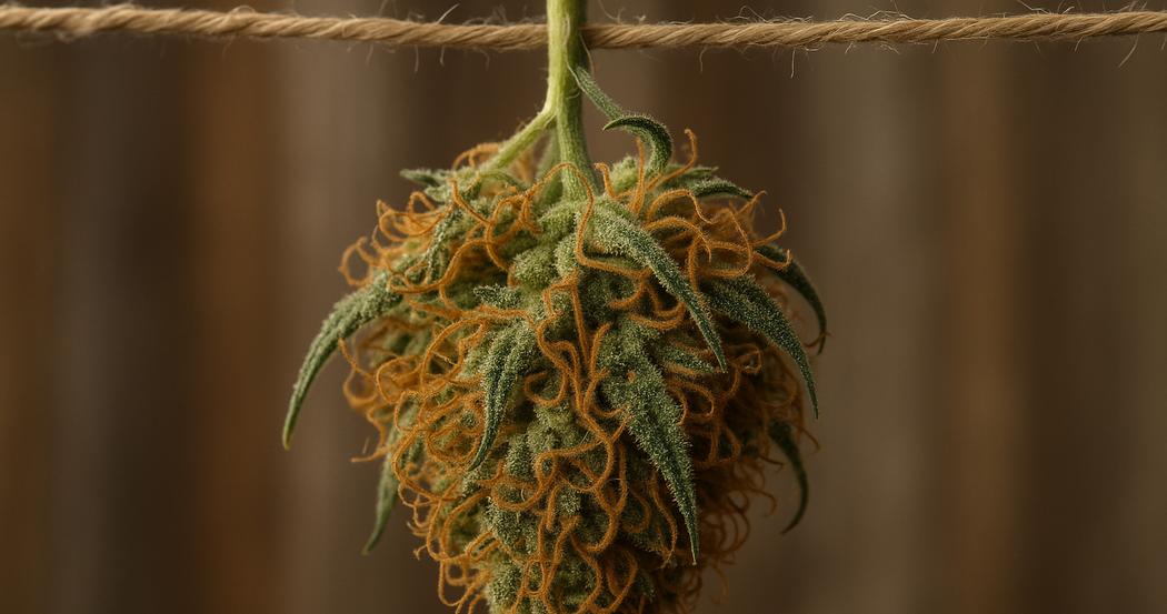 AI Generated Image: Detailed macro shot of drying cannabis flower with visible trichomes and curling pistils on matte charcoal background