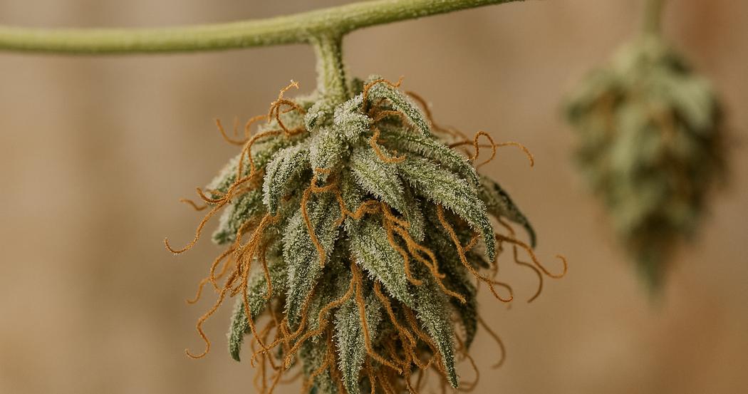AI Generated Image: Macro studio photograph of a drying cannabis flower with visible crystalline trichomes and curling pistils on a matte charcoal background