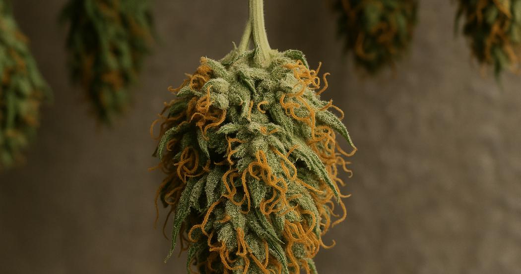 AI Generated Image: Top-down macro view of a drying cannabis flower with crystal trichomes and curling orange pistils on a matte charcoal background with cool studio lighting