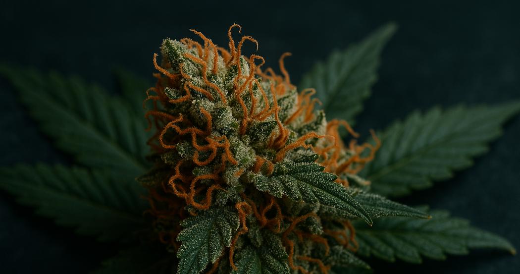 AI Generated Image: Top-down macro view of drying cannabis flower showing crystal trichomes and curling orange pistils on light gray background