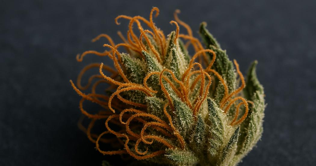 AI Generated Image: Top-down 20 degree macro image of drying cannabis flower featuring curling orange pistils and crystal trichomes on charcoal background