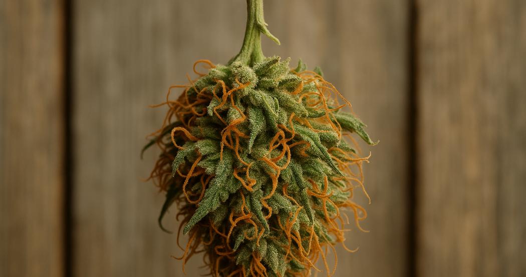 AI Generated Image: Top-down macro studio photo of drying cannabis flower featuring crystal-coated surface and curling orange pistils on charcoal matte background with cool lighting.