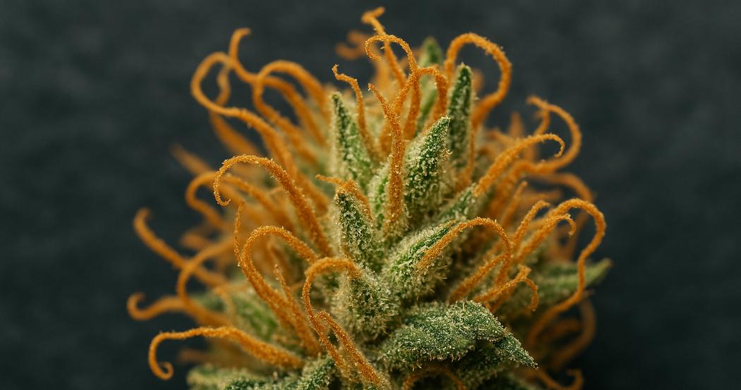 AI Generated Image: Top-down studio macro of drying cannabis flower with curling orange pistils and crystal-coated surface on charcoal background
